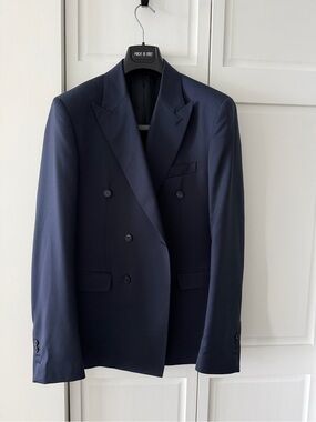 ANDREA ARDENTI Italian Wool Double Breasted Suit | Navy Angelico Super 100s 40R